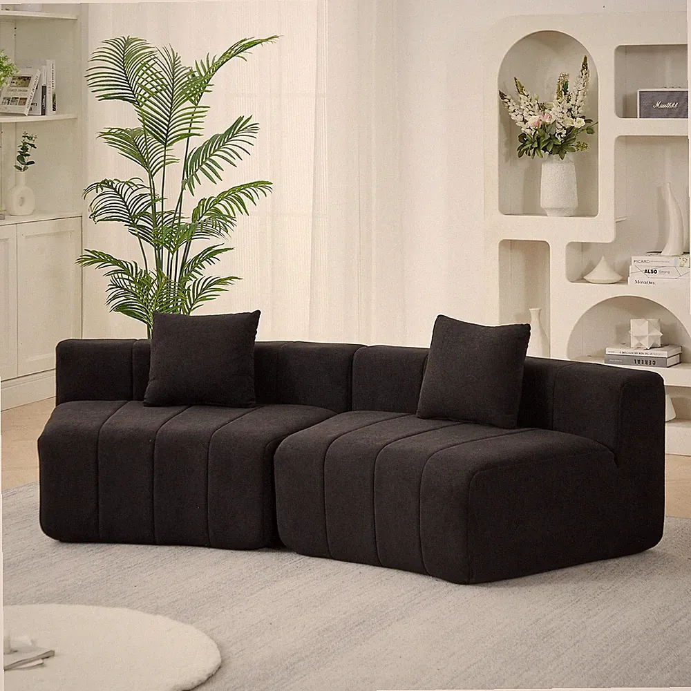 Curved Sectional Sofa Chenille Fabric 2-Seat Black Modular