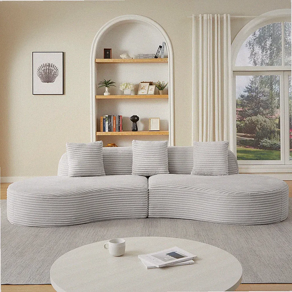 Curved Sectional Sofa Corduroy Upholstered with Scatter Cushions LIGHT GREY