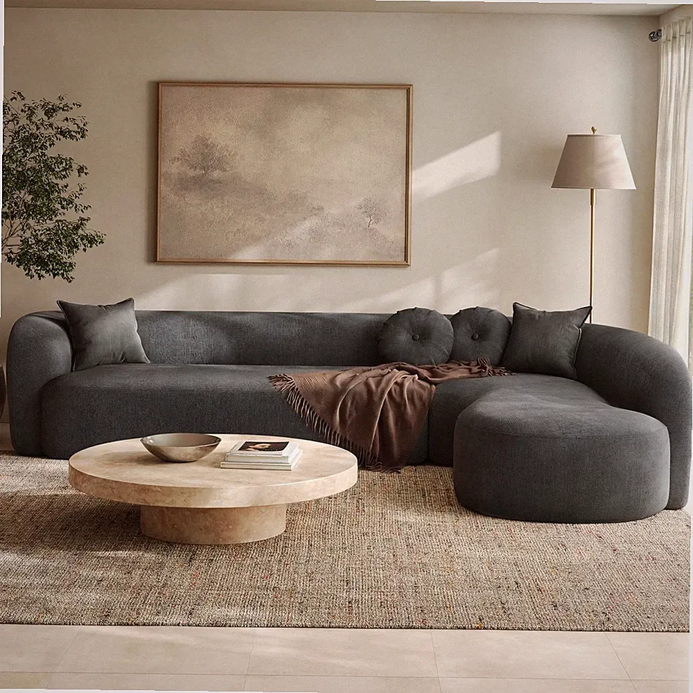 Curved Sectional Sofa, Grey Chenille Fabric Modular Cloud Couch with High Densit