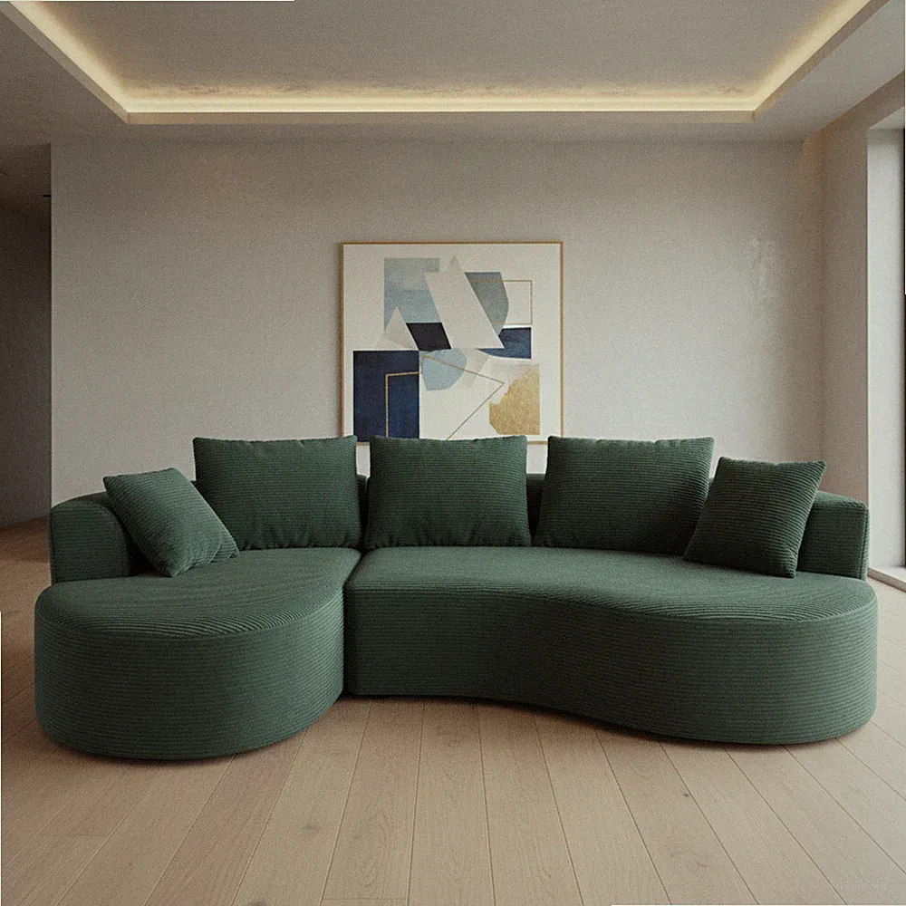 Curved Sectional Sofa with Chaise, Dark Green Fabric, Modern Couch No Assembly