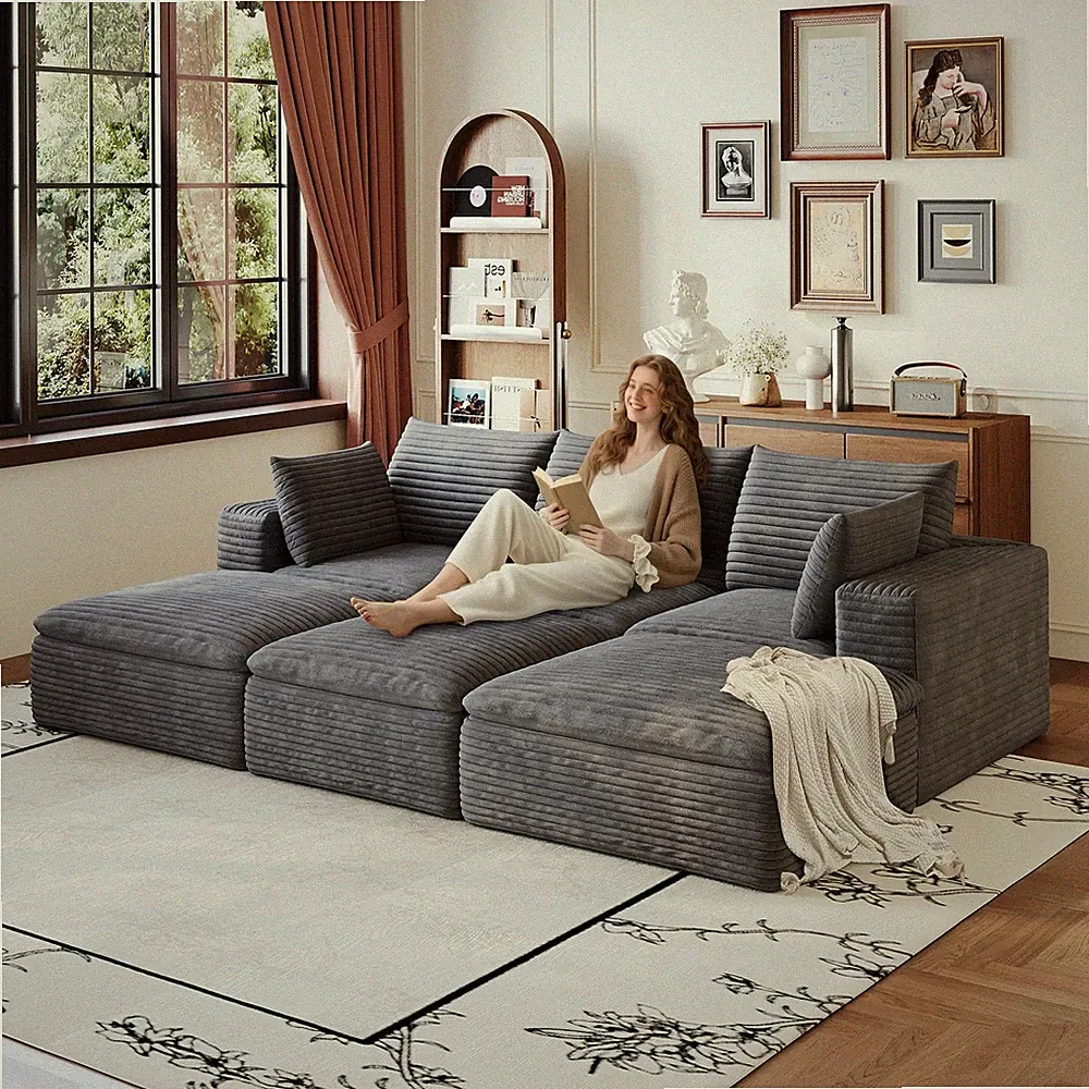 Curved Sectional Sofa with Deep Cloud Cushion Corduroy Fabric Dark Gray