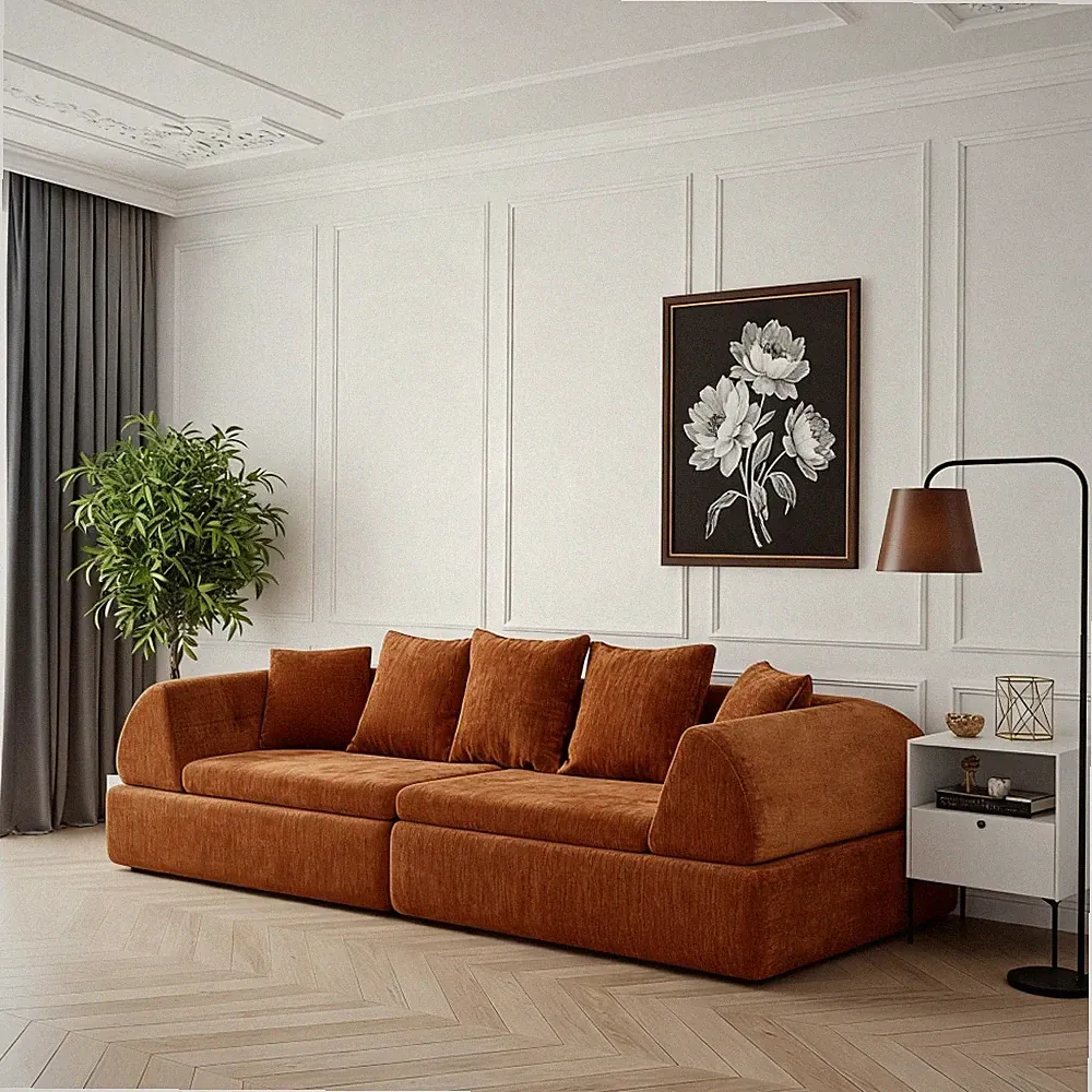 Curved Sectional Sofa with Ottoman & Deep Plush Seat - No Assembly