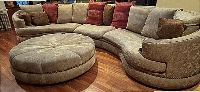 Custom Curved Sectional Sofa & Ottoman Embossed Fabric w/ Nailhead Trim Vintage