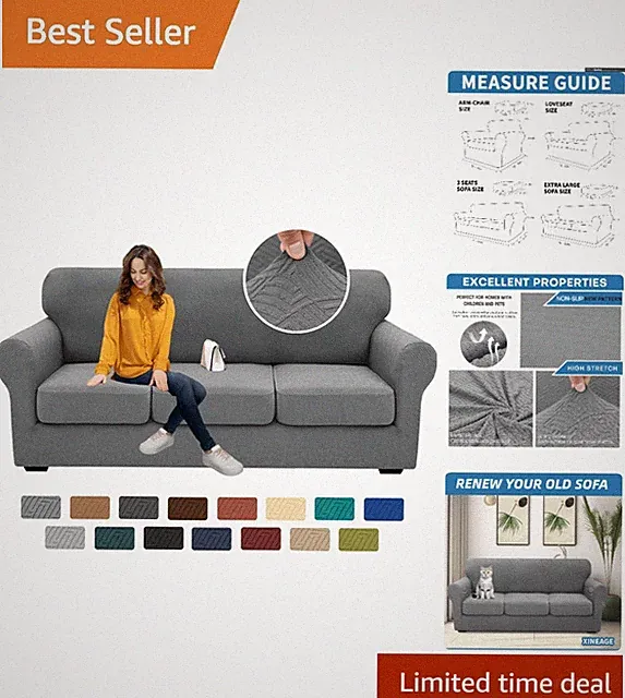 Custom Fit Anti-Slip Sofa Covers - Light Gray 4-Piece Set for 3 Cushion Couches