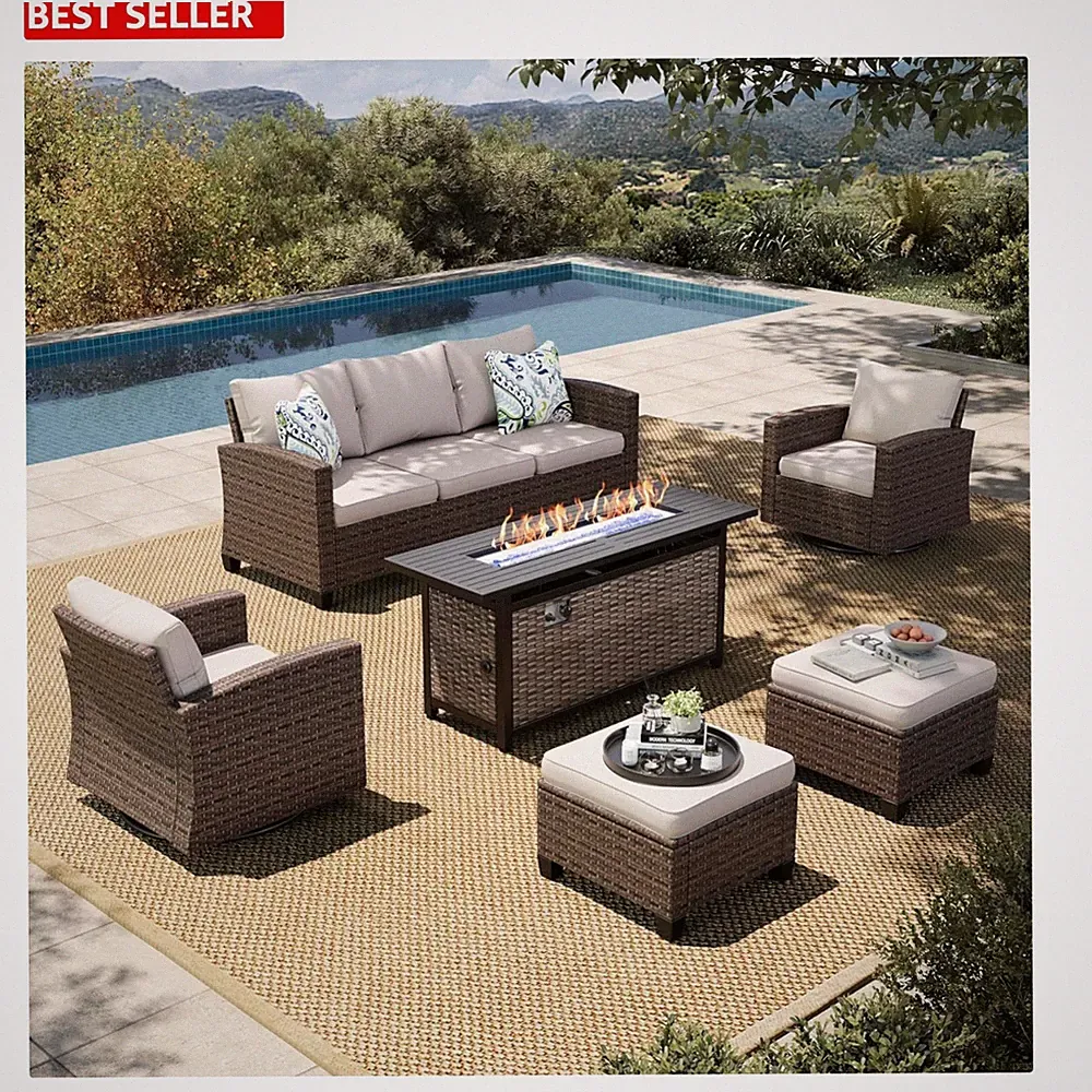 Customizable 6-Piece Outdoor Wicker Sofa & Fire Pit Set for Stylish Backyards
