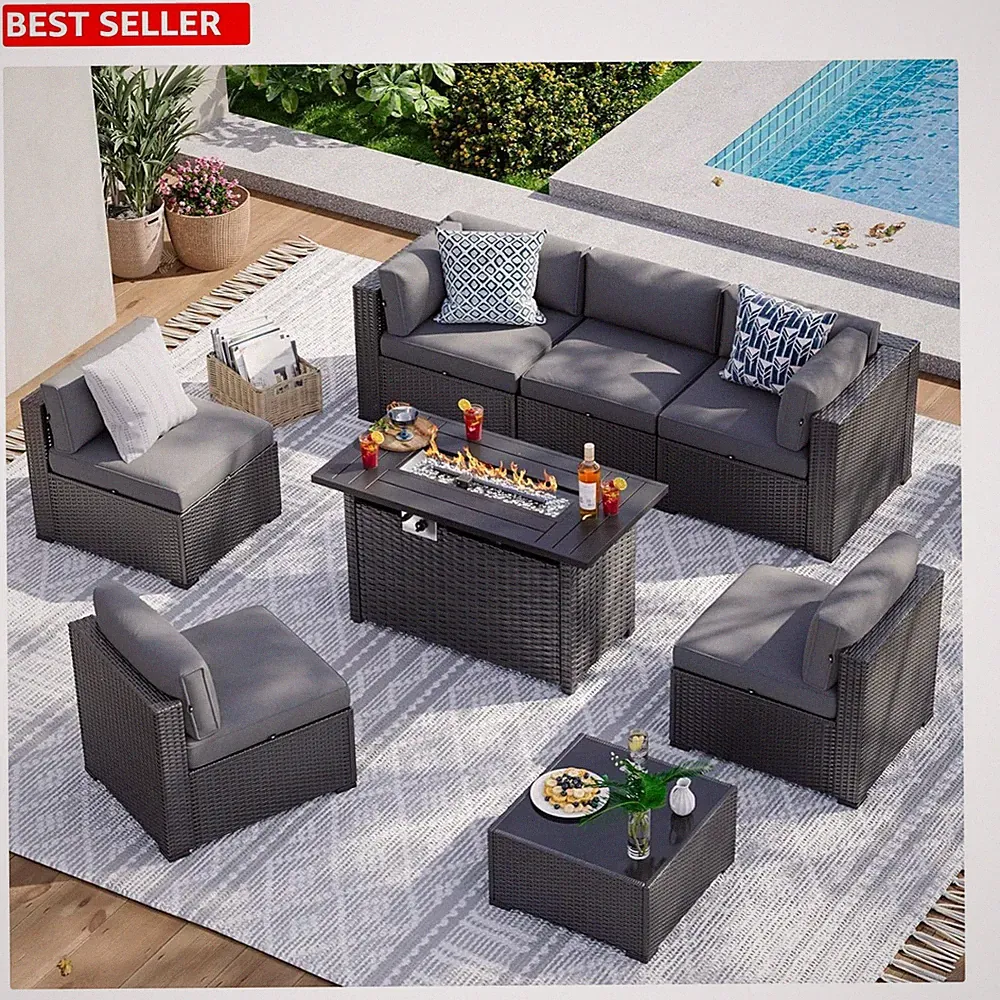 Customizable Grey Sectional Sofa & Fire Pit Table - 8 Pieces of Outdoor Elegance