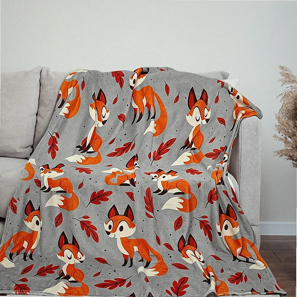 Cute Fox Animal Print Flannel Throw Blanket Soft Cozy Sofa Bed 60x80 Inch
