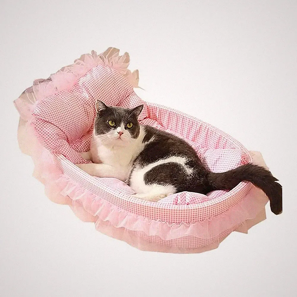 Cute Lace Trim Pet Cat Dog Bed Soft Plush Oval Sofa Washable Removable