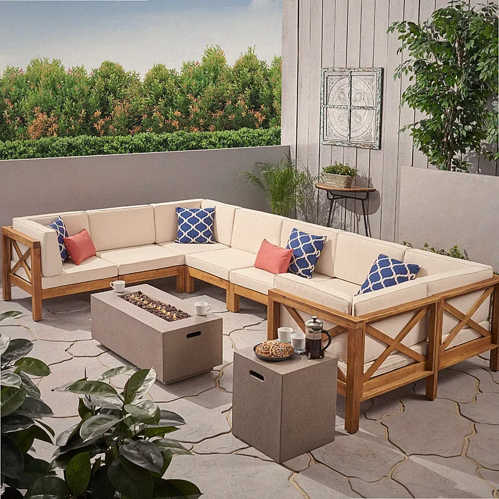 Cynthia Outdoor Acacia Wood 10-Piece U-Shaped Sectional Sofa Set with Fire Pit