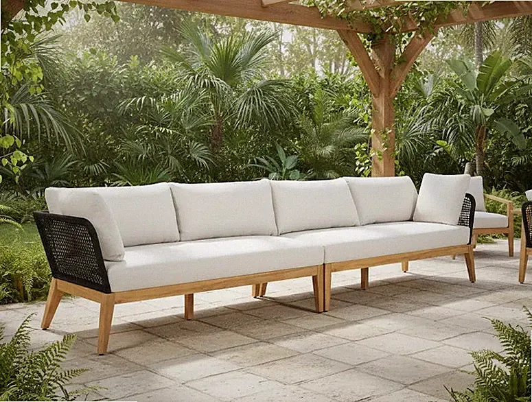 Cypress Teak Wood 128" Sofa with Black Color Rope Design Sofa