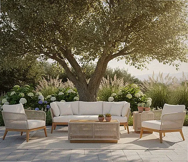 Cypress Teak Wood Sofa Set with Beige Rope Design – Modern Outdoor Lounge 4-Sea