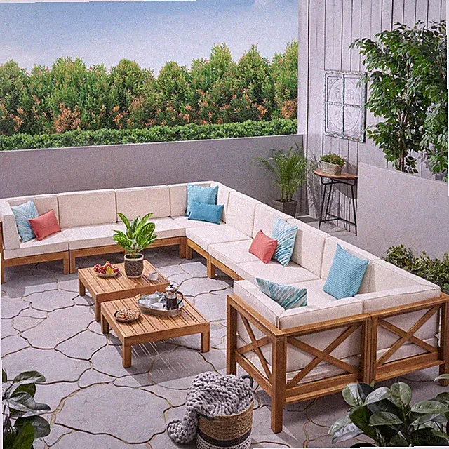 Cytheria Outdoor Acacia Wood 10 Seater U-Shaped Sectional Sofa Set with Two Coff