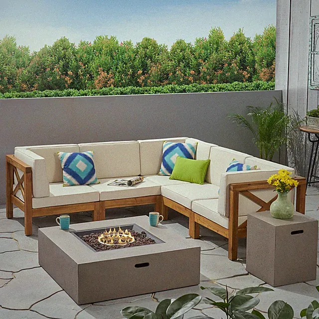Cytheria Outdoor Acacia Wood 5 Seater Sectional Sofa Set with Fire Pit