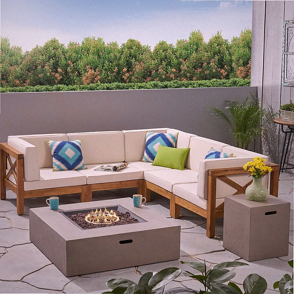 Cytheria Outdoor Acacia Wood 5 Seater Sectional Sofa Set with Fire Pit