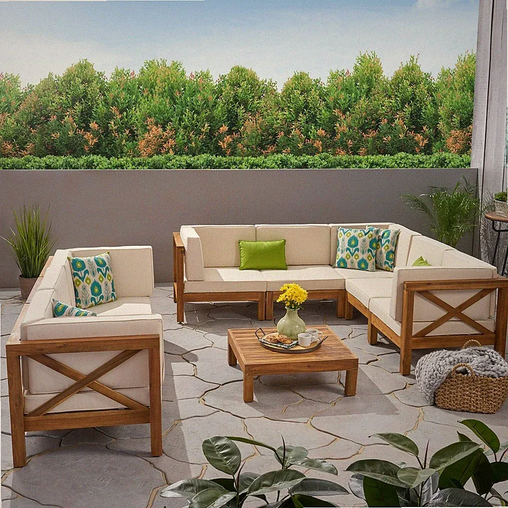 Cytheria Outdoor Acacia Wood 8 Seater Sectional Sofa Set with Coffee Table