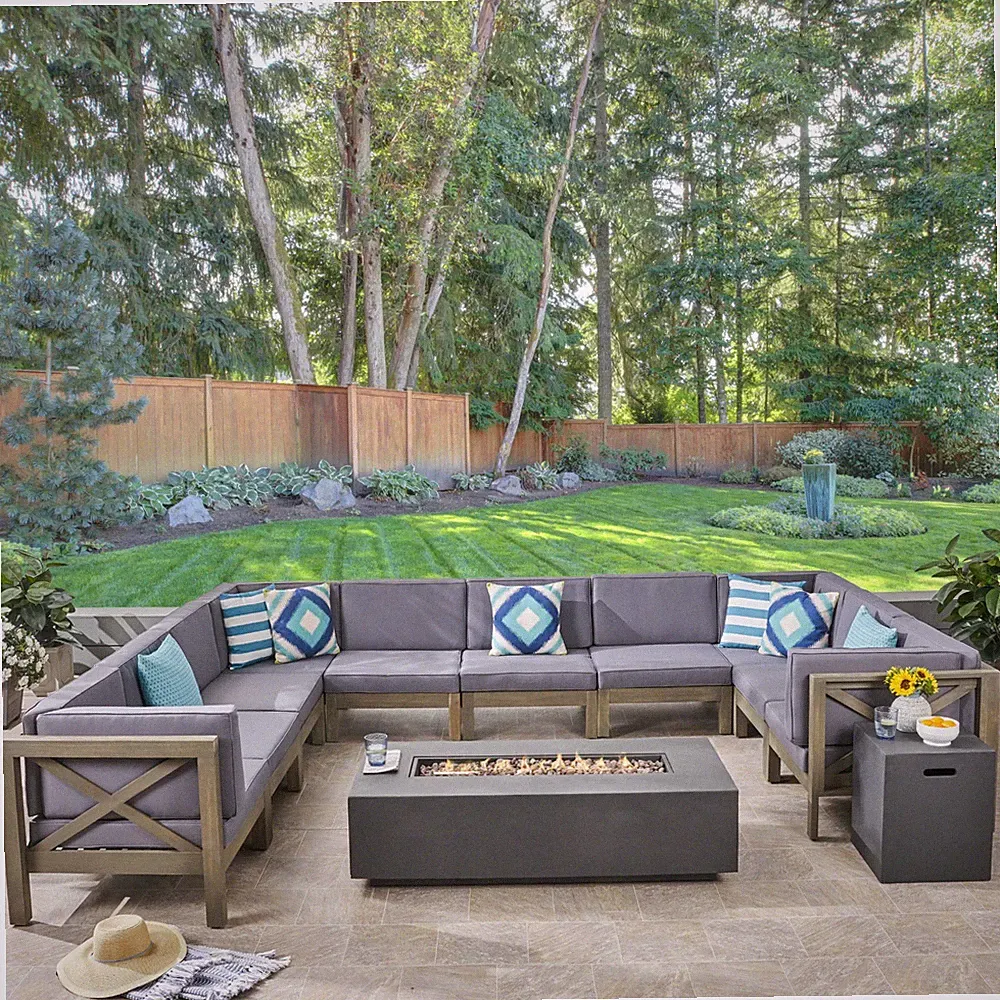 Cytheria Outdoor Sectional Sofa Set with Fire Pit 12-Piece 10-Seater Acacia Wood