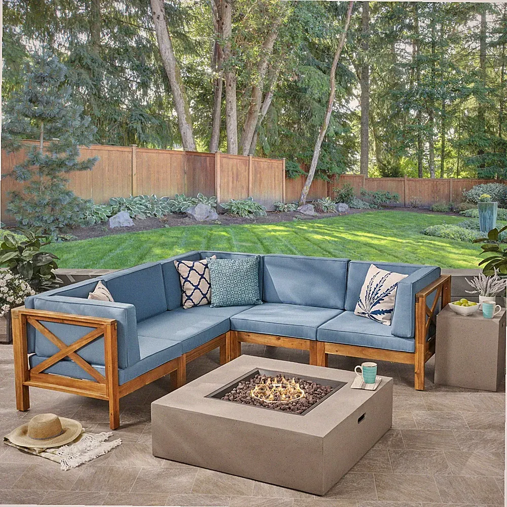 Cytheria Outdoor Sectional Sofa Set with Fire Pit 7-Piece 5-Seater Acacia Wood W