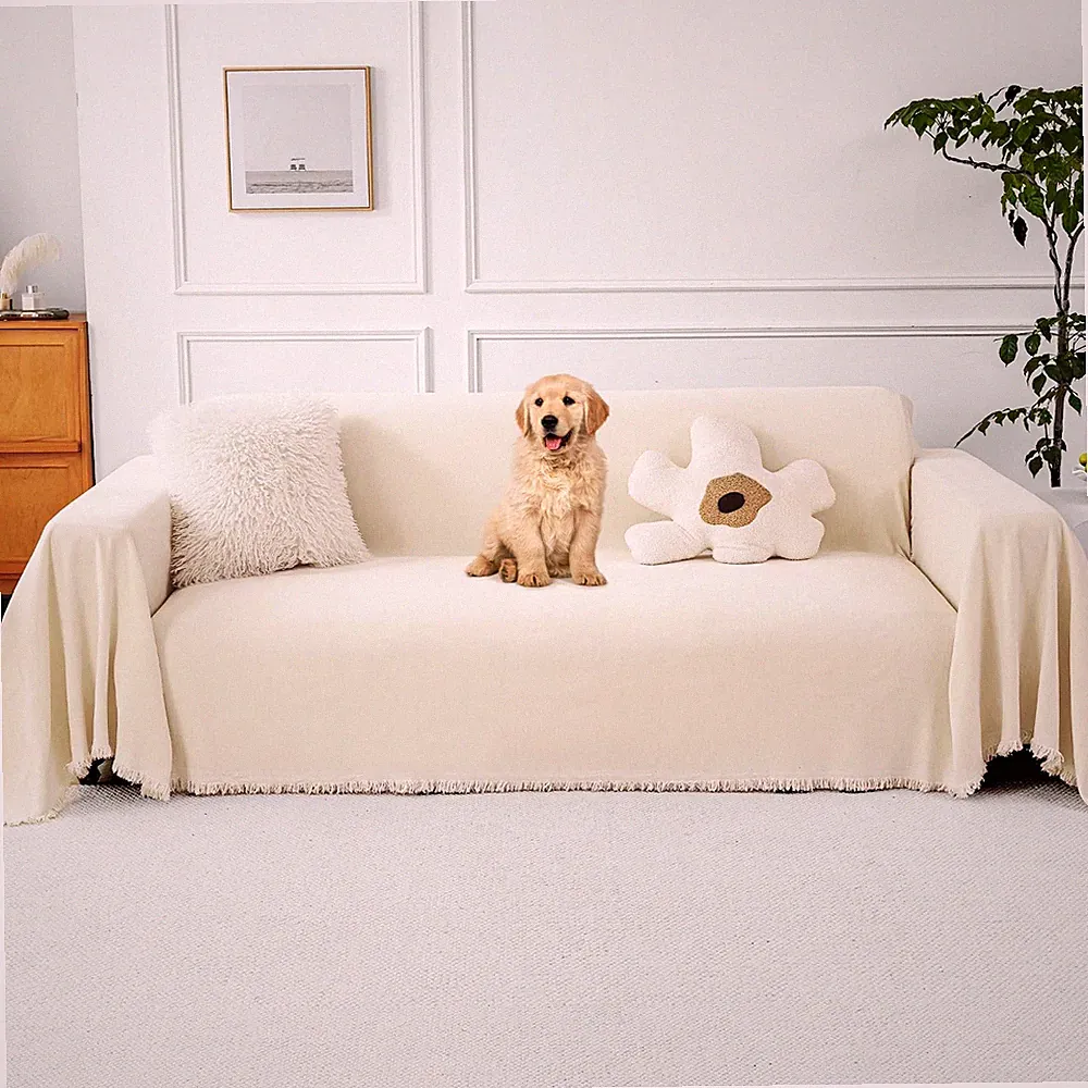 Czoynife Chenille Couch Cover for Pets,Boho Sectional Sofa 71''x118'', Beige