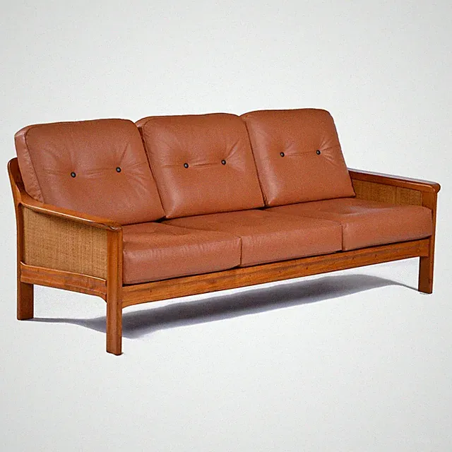 Danish Style Solid Teak Caned Sofa Restored with New Brown Leather