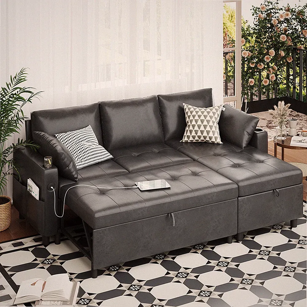 Danrelax 3-in-1 Sleeper Sofa Bed Pull Out Couch w/Chaise USB Cup Holder Black