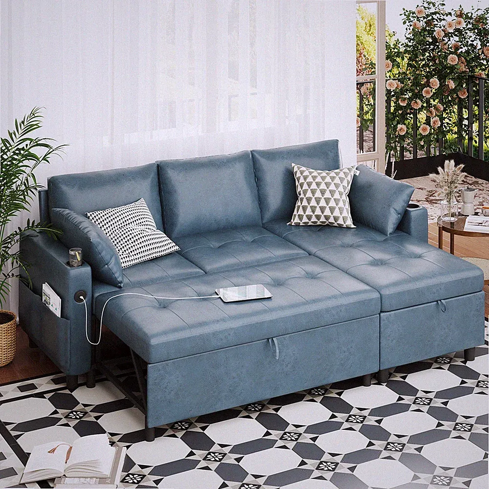 Danrelax 3-in-1 Sleeper Sofa Bed Pull Out Couch w/Chaise USB Cup Holder Blue