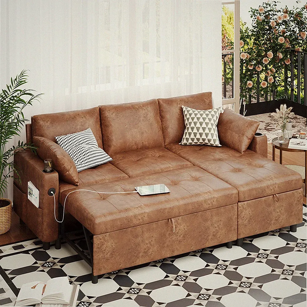 Danrelax 3-in-1 Sleeper Sofa Bed Pull Out Couch w/Chaise USB Cup Holder Brown
