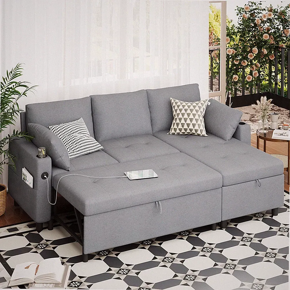 Danrelax 3-in-1 Sleeper Sofa Bed Pull Out Couch w/Chaise USB Cup Holder Grey