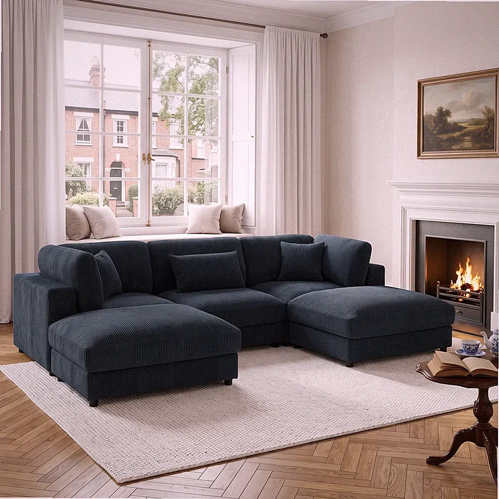 Dark Blue Corduroy 5-Seat Modular Sectional Sofa, 112"L x 72"W