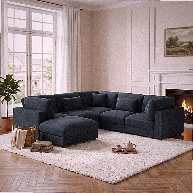 Dark Blue Corduroy Modular Sectional Sofa, 6-Seat, 112" L x 112" W