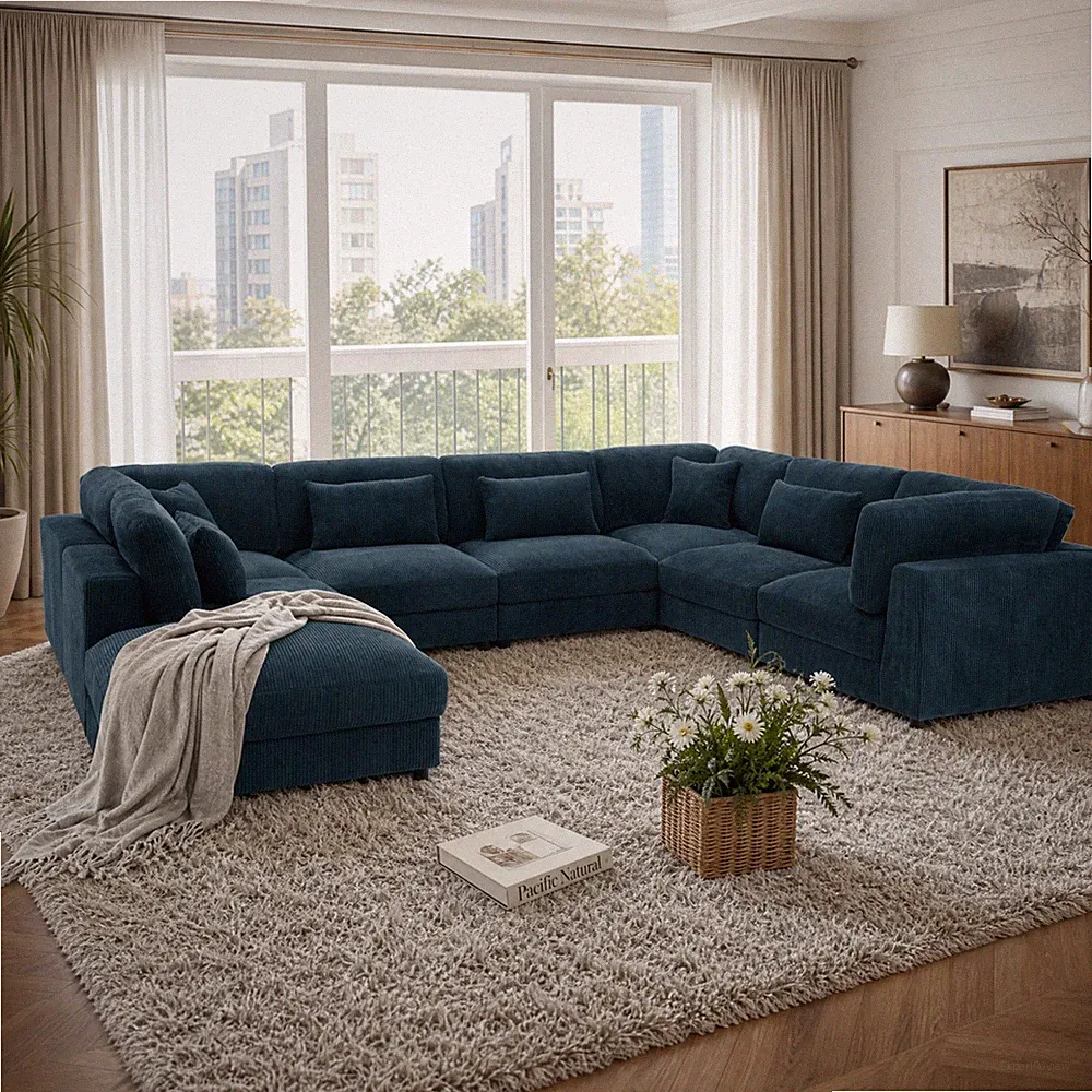 Dark Blue Corduroy Modular Sectional Sofa, 8 Seat, 176" L x 112" W