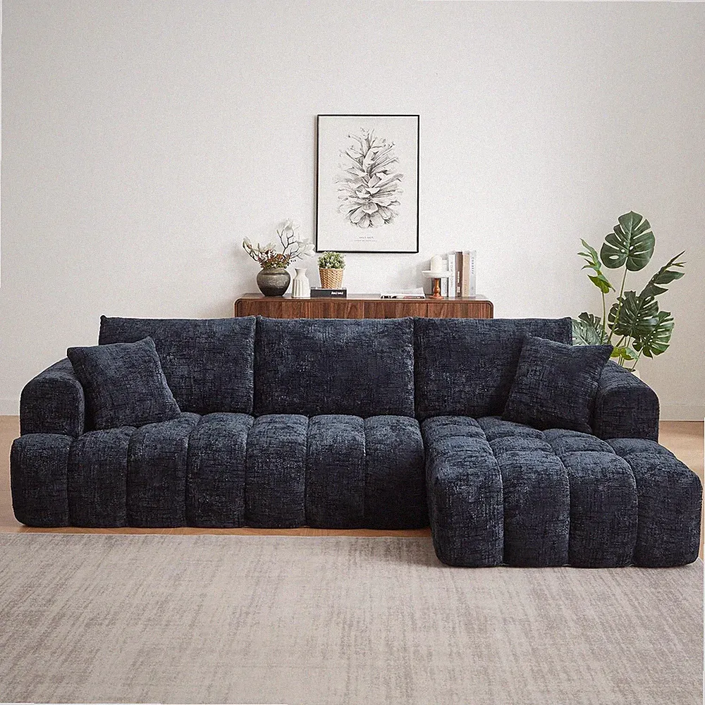 Dark Blue L-Shape Chenille Sofa with Chaise, 4-Seater Tufted Sleeper Couch