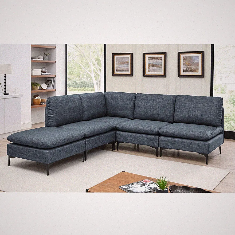 Dark Blue Linen Modular Sectional Sofa 5-Seat, 91"L x 91"W x 35"H