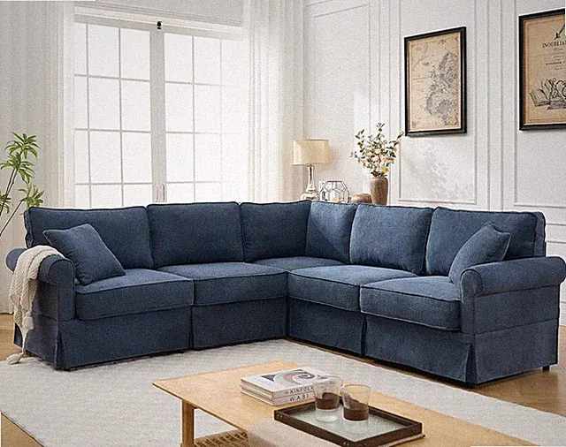 Dark Blue Oversized 94" L-Shaped Modular Linen Sectional Sofa
