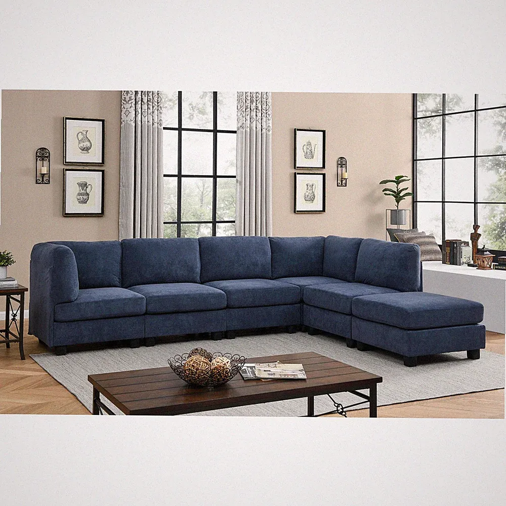 Dark Blue Polyester Modular Sectional Sofa, 120"L x 90"W x 34.5"H, 6-Seat