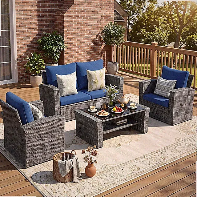 Dark Blue Wicker Patio Furniture Set with High Backrest & Wide Armrests