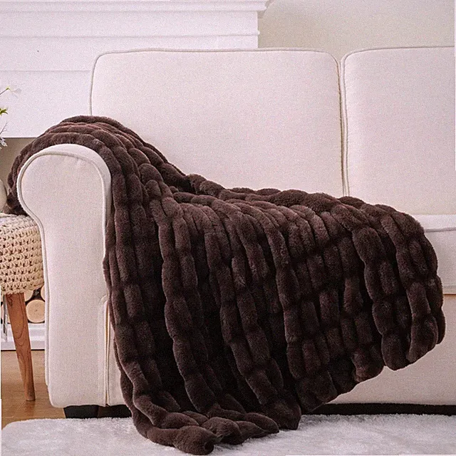 Dark Brown Faux Fur Throw Blanket for Couch, Double Side Reversible Ruched