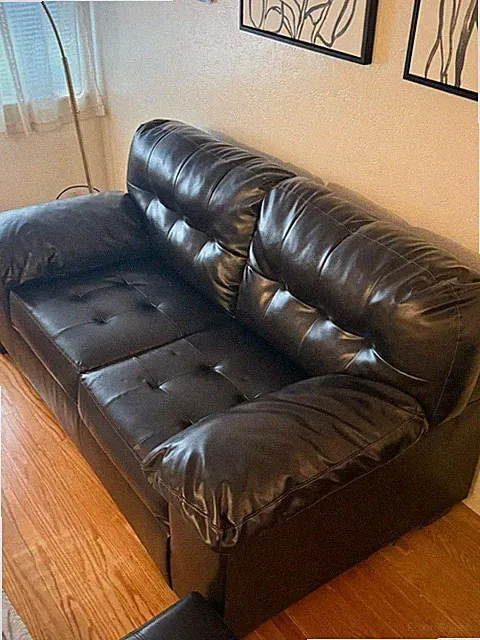 Dark Brown Faux Leather Sofa With Matching Footrests - Excellent Condition