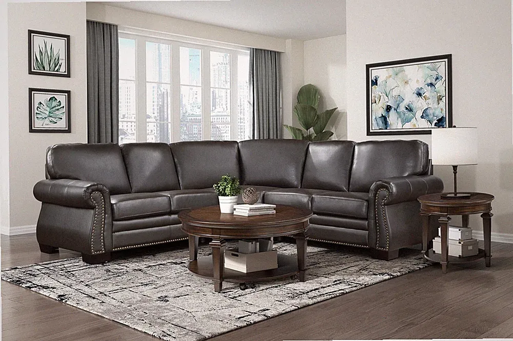 DARK BROWN TOP GRAIN LEATHER SCROLLED ARM SOFA SECTIONAL LIVING ROOM FURNITURE