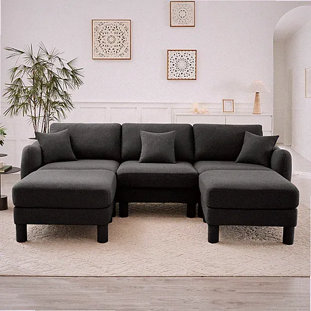 Dark Gray 3-Seater Boucle Sectional Sofa with 2 Ottomans, Modern
