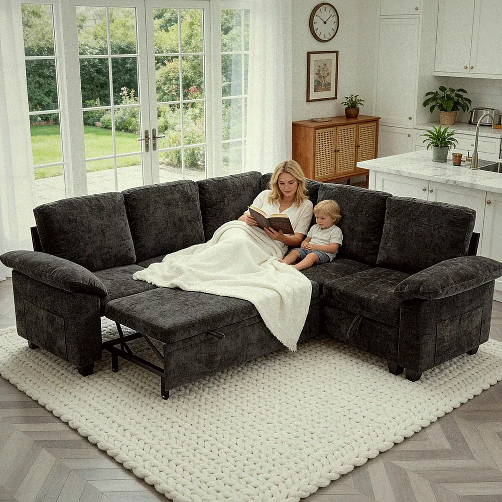 Dark Gray 5-Seater L-Shaped Sectional Sofa Bed with Storage Ottoman