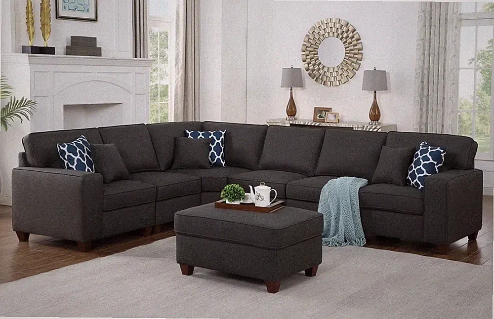Dark Gray Contemporary Sectional Sofa for 5 with Ottoman, Removable Cushions
