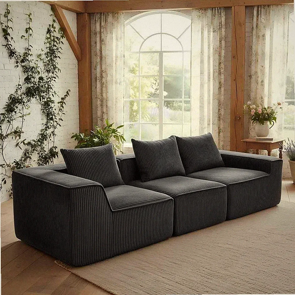 Dark Gray Corduroy Modular Sectional Sofa, 3-Seat Deep Seating