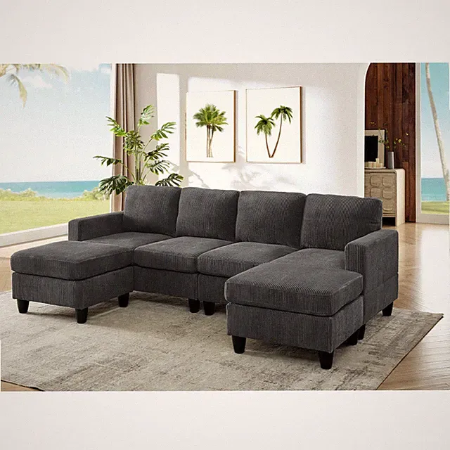 Dark Gray Corduroy Sectional Sofa with 2 Ottomans, 6 Seat