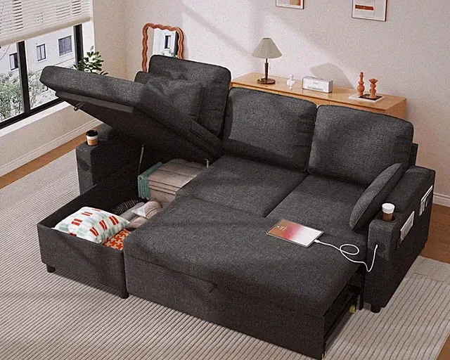 Dark Gray L-Shaped Sleeper Sofa Bed with Storage, USB & Cup Holder
