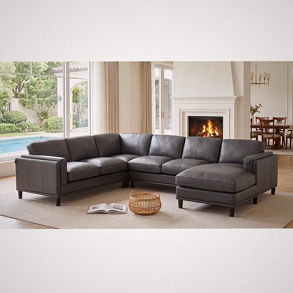 Dark Gray Leather Match U-Shape Sectional Sofa, 122" L x 96" W