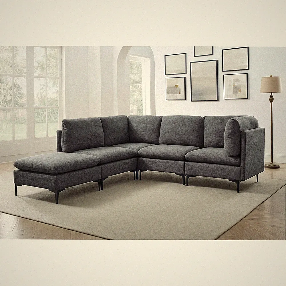 Dark Gray Linen 5-Seat Modular Sectional Sofa 91"W 93.5"L
