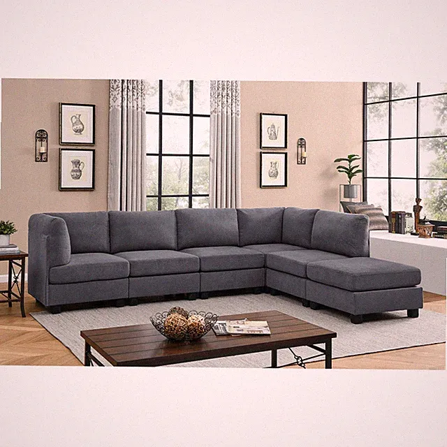 Dark Gray Polyester Blend Modular Sectional Sofa, 6 Seat, 90"W x 120"L x 34.5"H