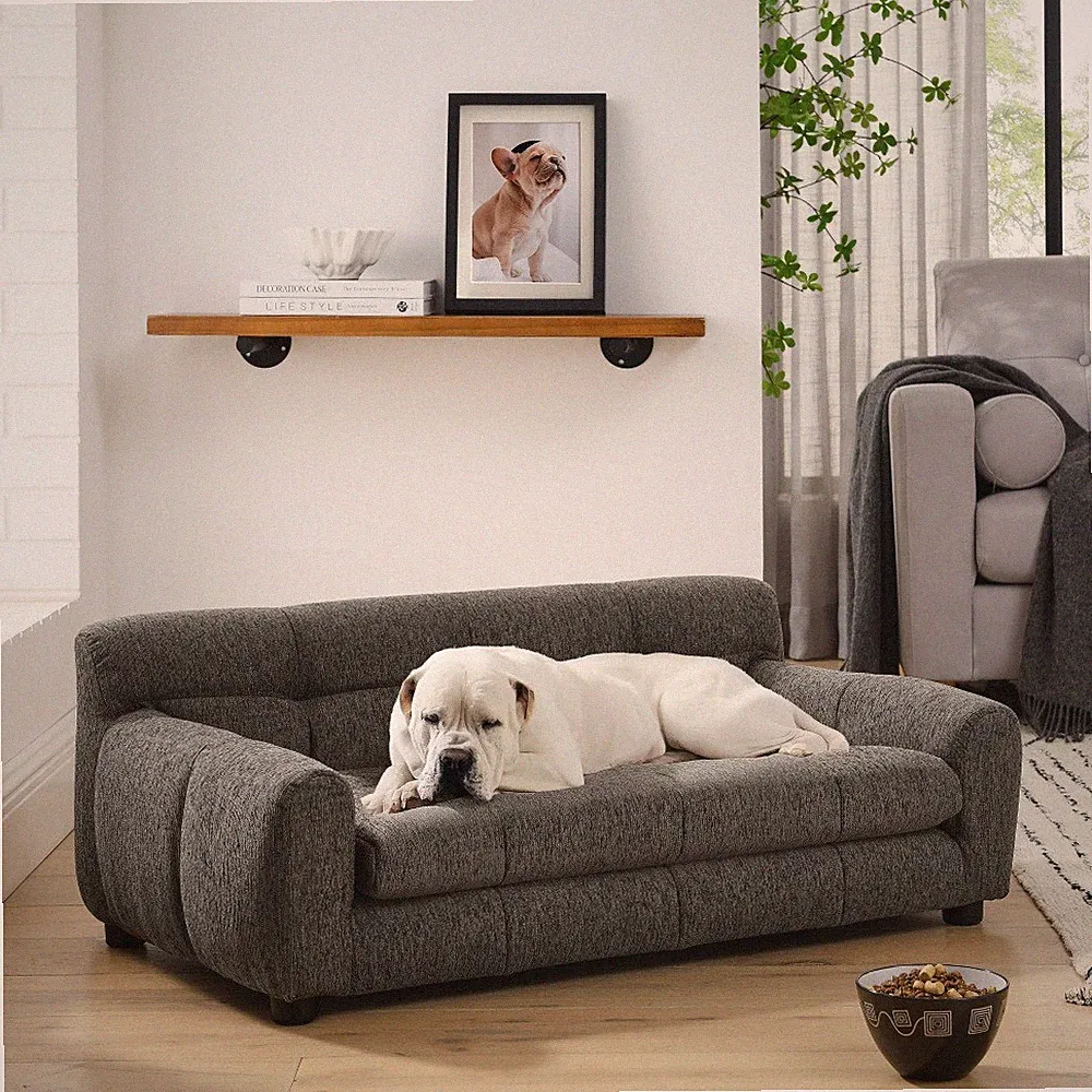 Dark Gray Rectangular Pet Sofa, Cushioned with Backrest for Small Medium Dogs