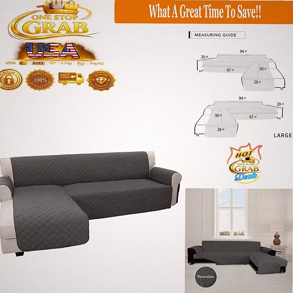 Dark Gray Reversible L-Shaped Sofa Cover for Pets Large 50x94x95