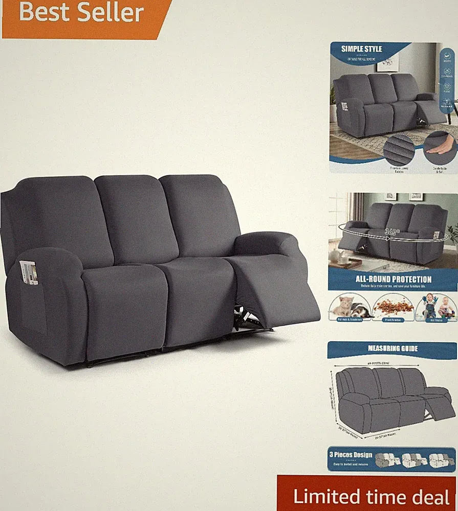 Dark Gray Stretch Fit Cover for 3-Seat Recliner - Easy Care & Install